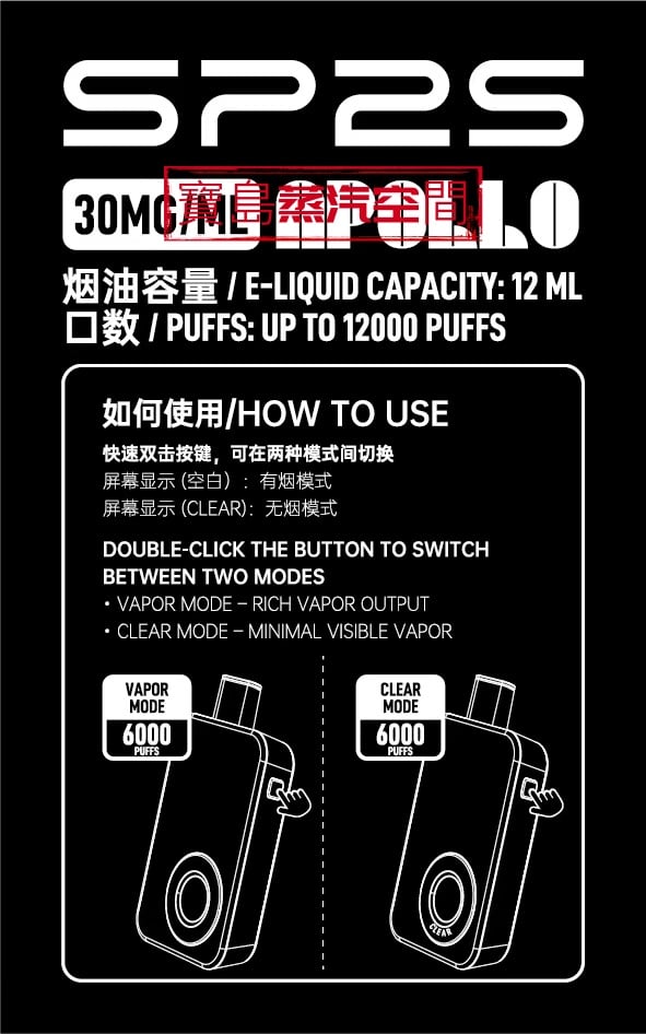 SP2S Apollo 12000 一次性電子煙｜12000口超大容量・Type-C充電・無煙模式設計